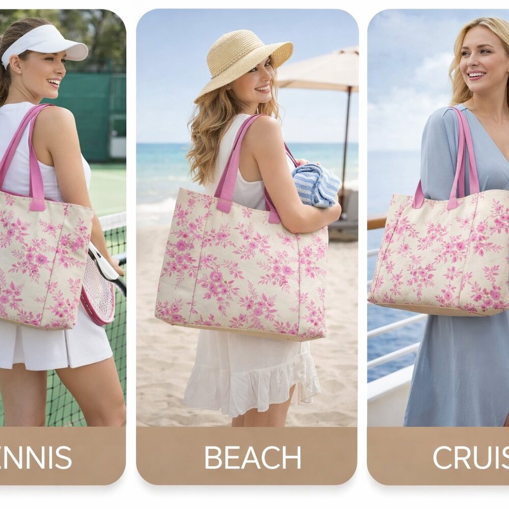 Beth Schneider 2 pocket Canvas Style tote bag w/pink straps NWT